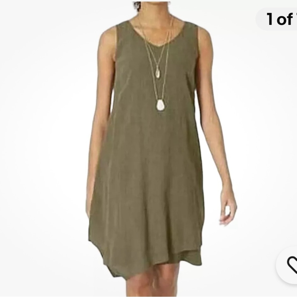 J. Jill Green Pure Jill Olive Asymmetrical Hem Crinkle Dress Lagenlook Large